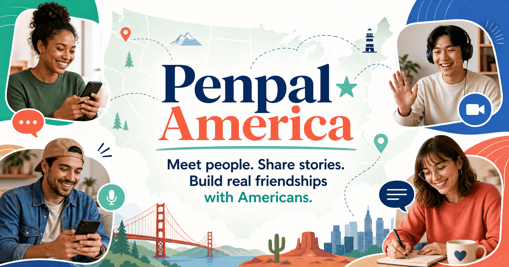 People across America connecting through Penpal America text, voice, and video conversations
